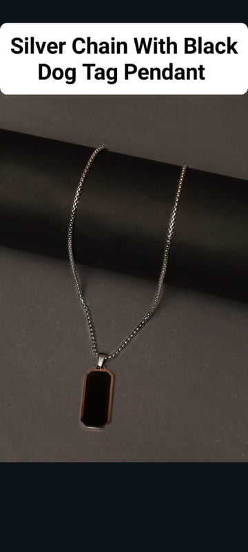 Silver Chain With Black Dog Tag Pendant
